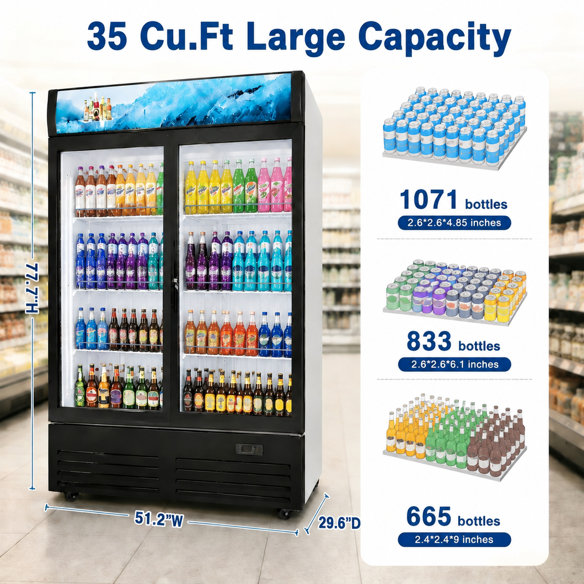 Merchandising Swing Glass Door Refrigerator with Canopy - Double Doors