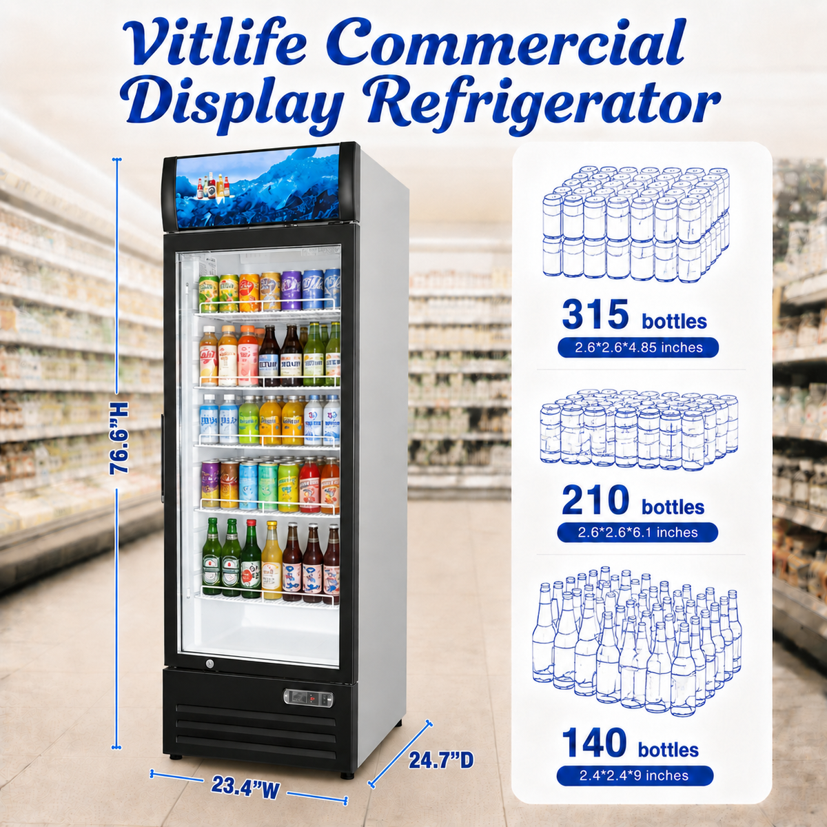 Merchandising Swing Glass Door Refrigerator with Canopy - One Door