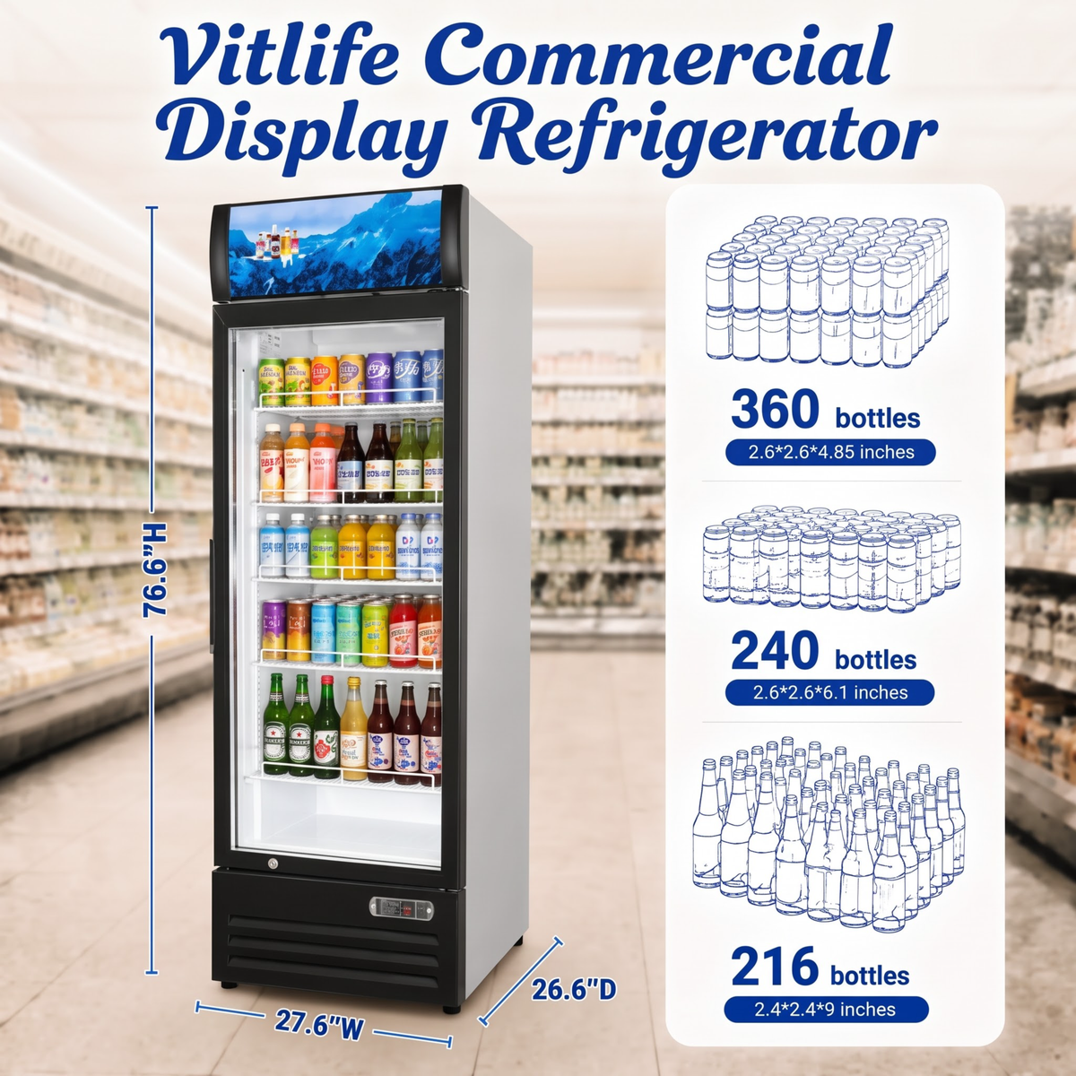 Merchandising Swing Glass Door Refrigerator with Canopy - One Door