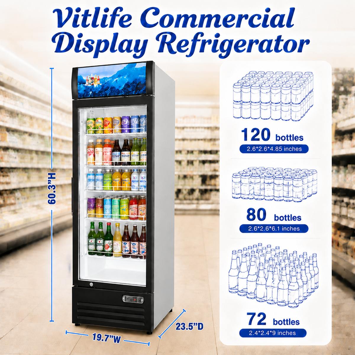 Merchandising Swing Glass Door Refrigerator with Canopy - One Door
