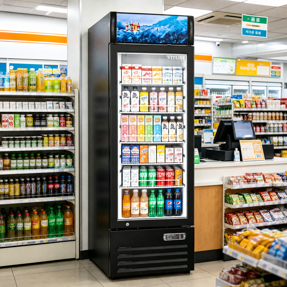 Merchandising Swing Glass Door Refrigerator with Canopy - One Door