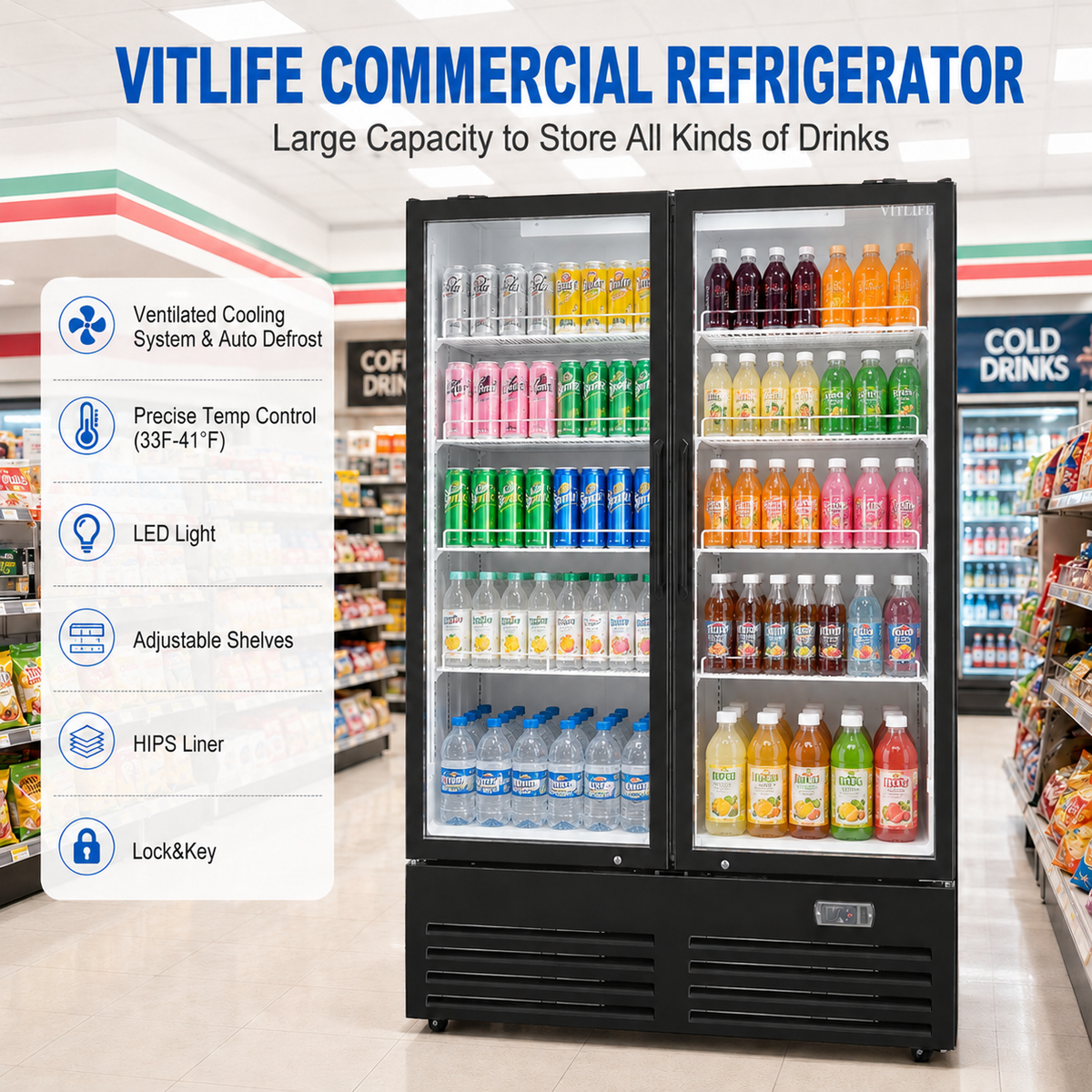 Merchandising Swing Glass Door Refrigerator - Double Doors