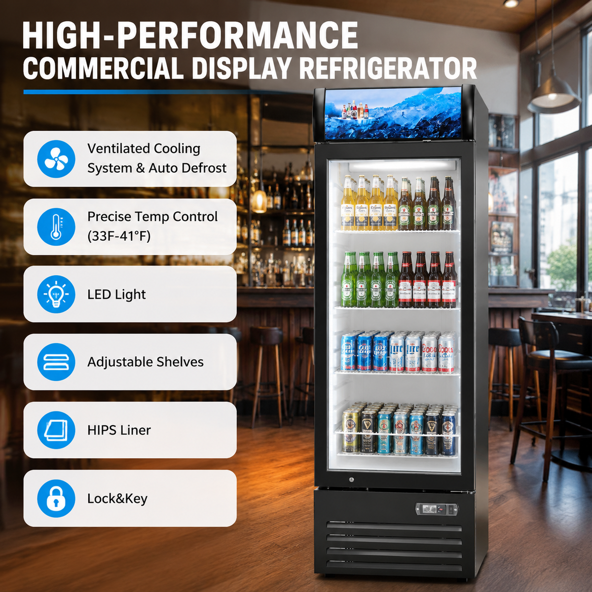 Merchandising Swing Glass Door Refrigerator with Canopy - One Door