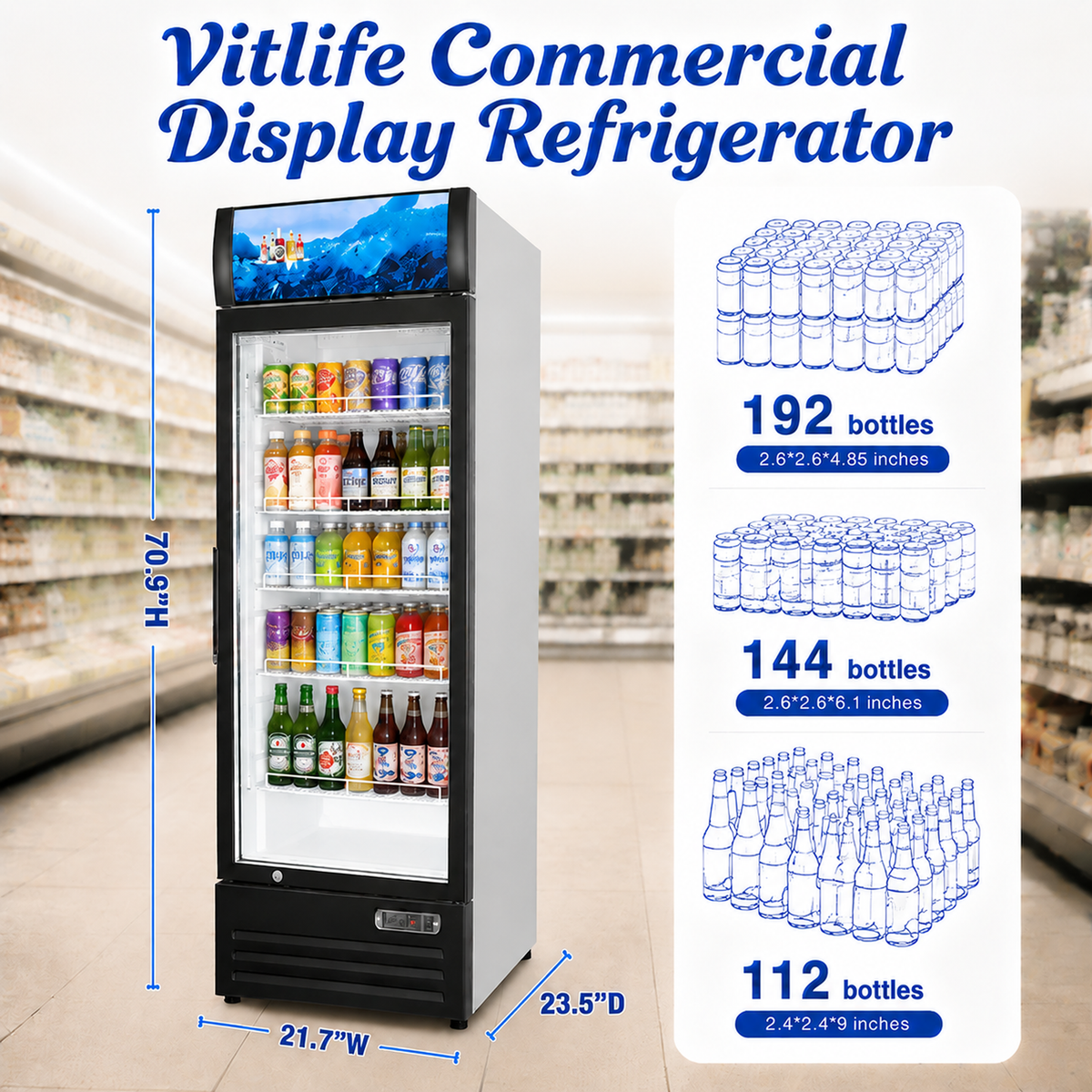 Merchandising Swing Glass Door Refrigerator with Canopy - One Door