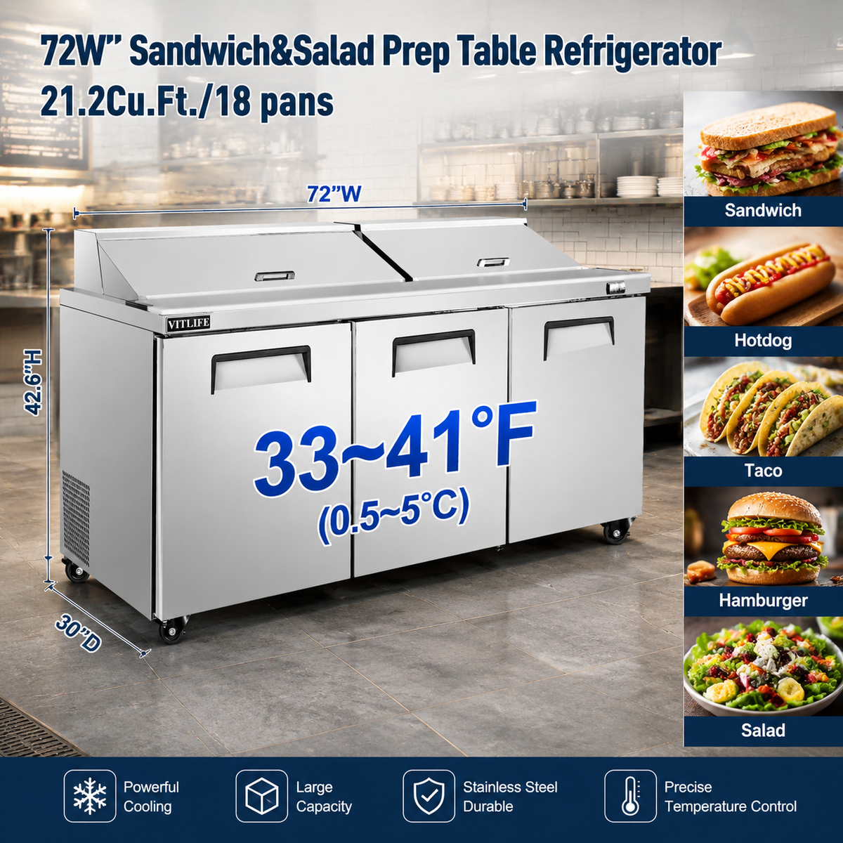 Sandwich/Salad Prep Table - Three Door Standard Top