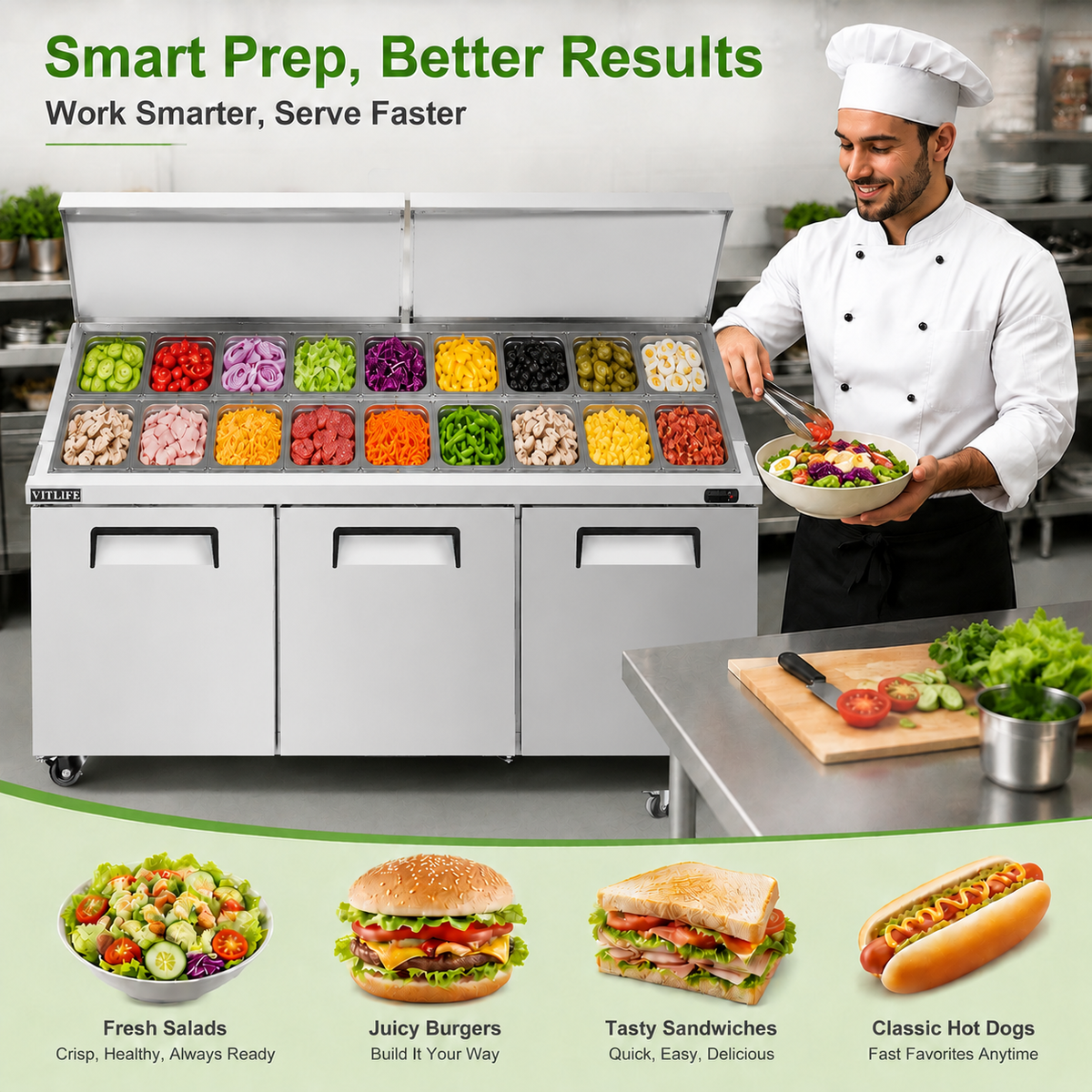 Sandwich/Salad Prep Table - Three Door Standard Top