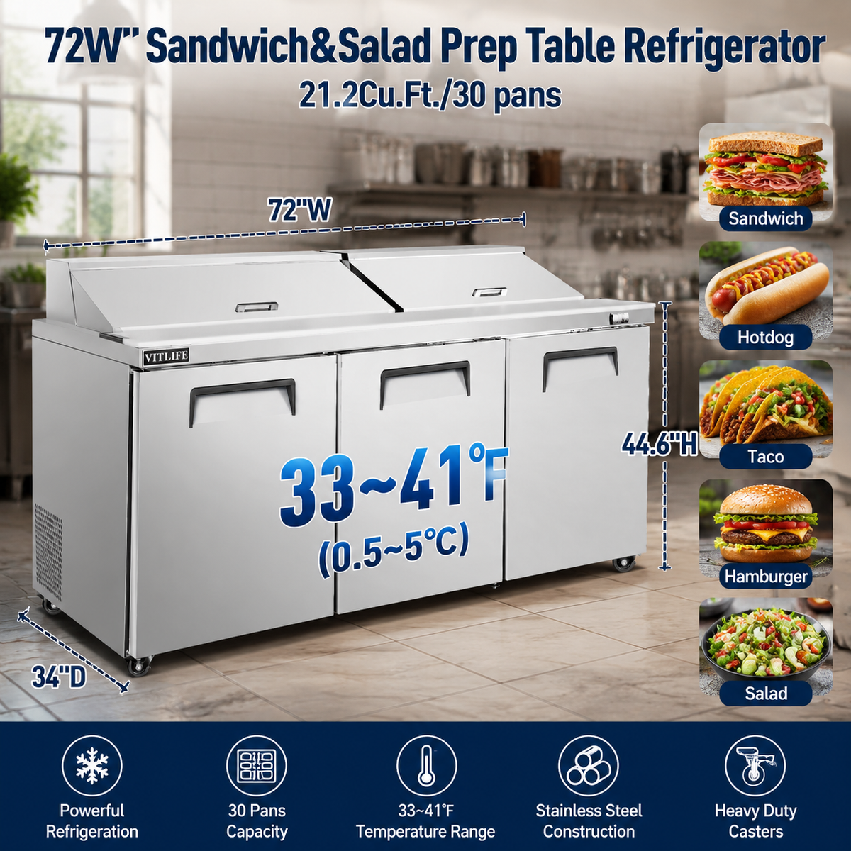 Sandwich/Salad Prep Table - Three Door Mega Top