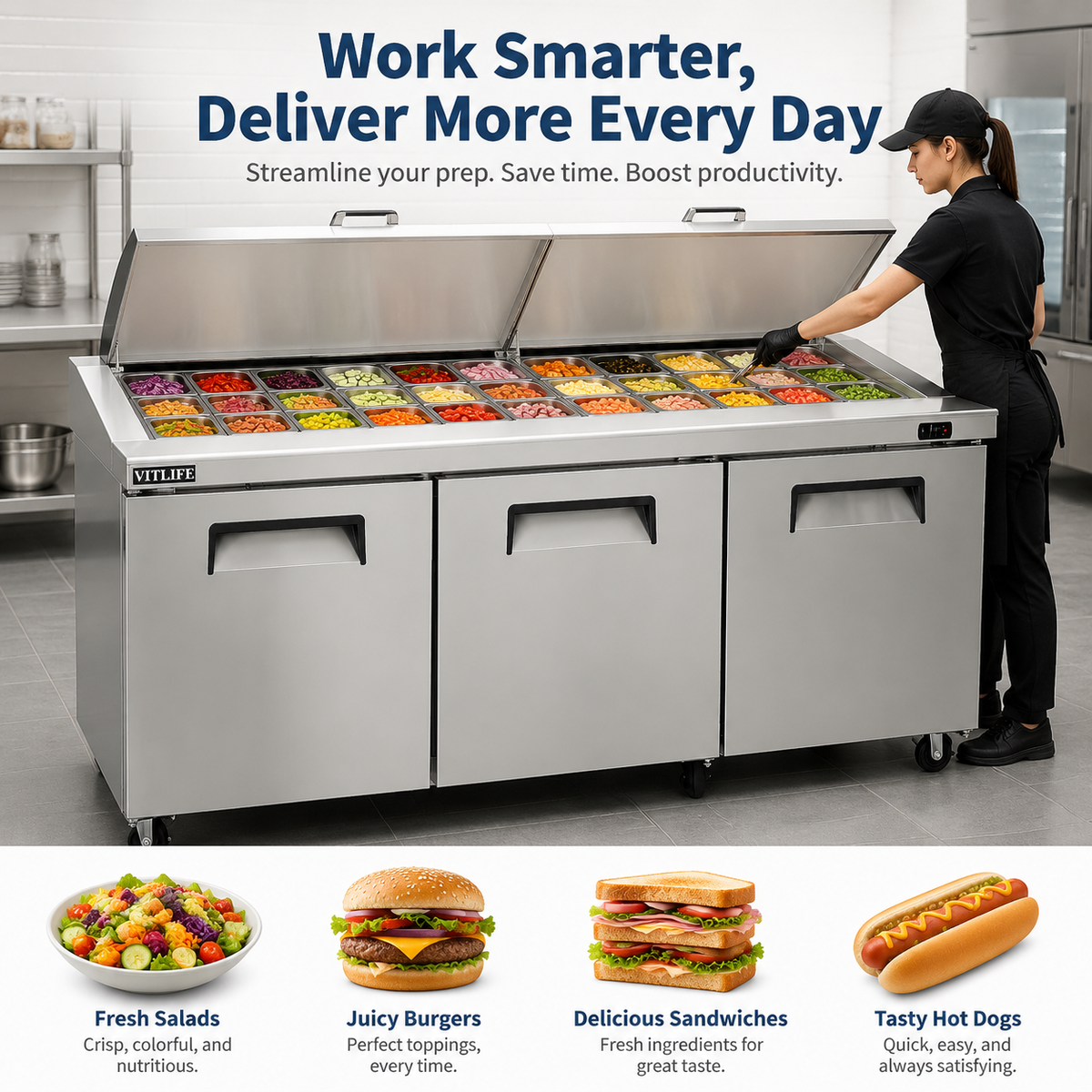 Sandwich/Salad Prep Table - Three Door Mega Top