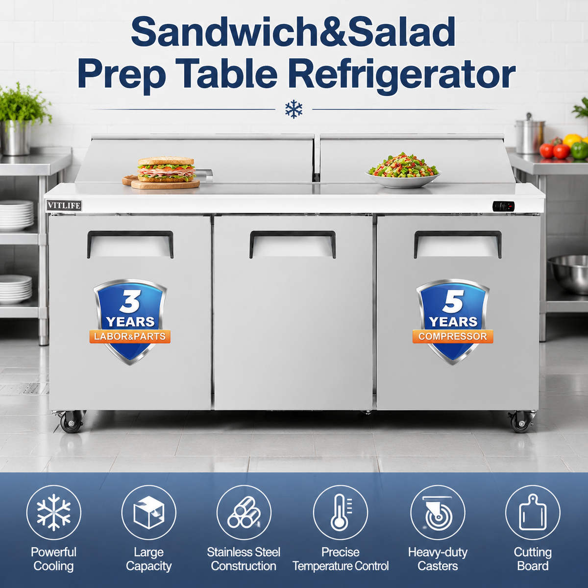 Sandwich/Salad Prep Table - Three Door Mega Top